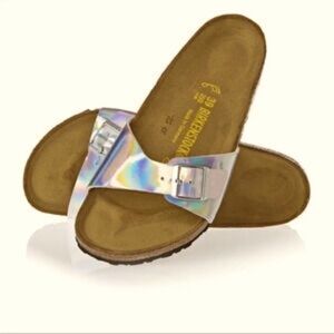 Birkenstock Madrid Silver Slide Sandals with Buckle